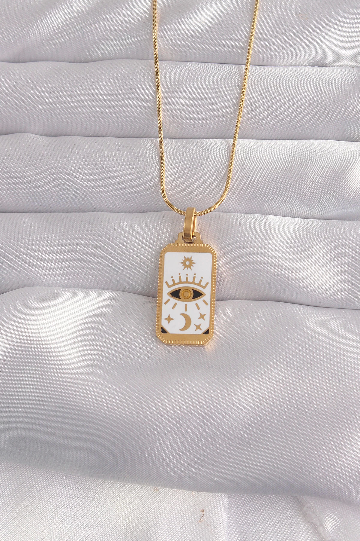 BFS 316L Çelik Gold Renk Beyaz Mineli Göz Figür Tarot Kolye