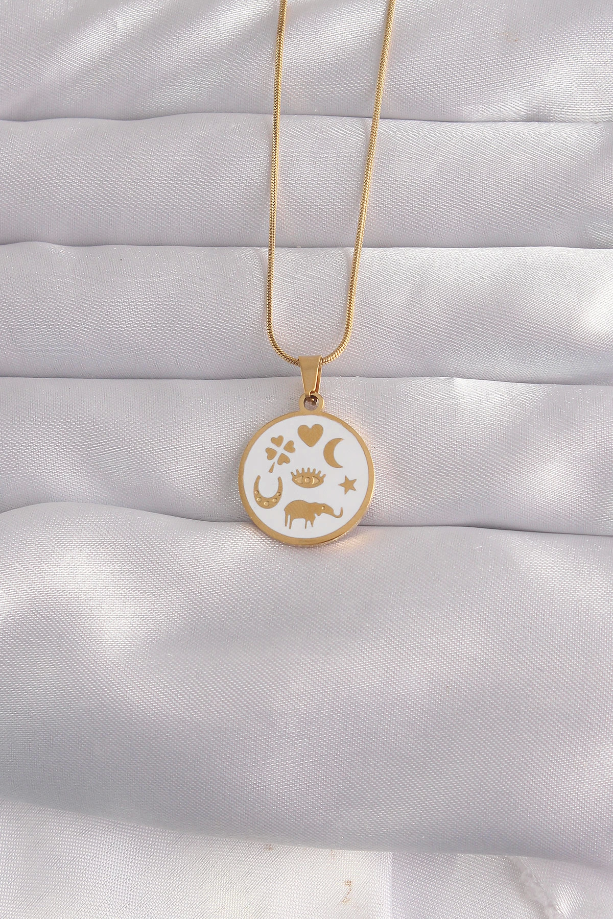 BFS 316L Çelik Gold Renk Beyaz Mineli Karışık Figürlü Tarot Kolye