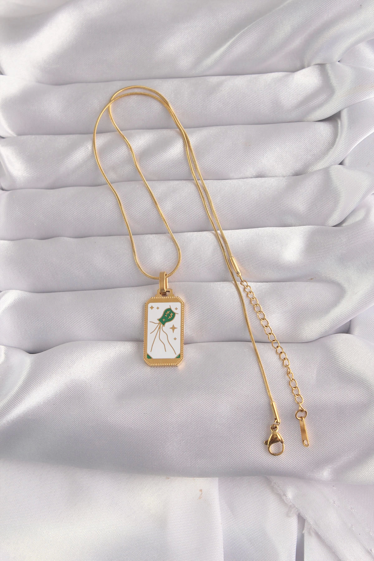 BFS 316L Çelik Gold Renk Beyaz Mineli Tarot Kolye