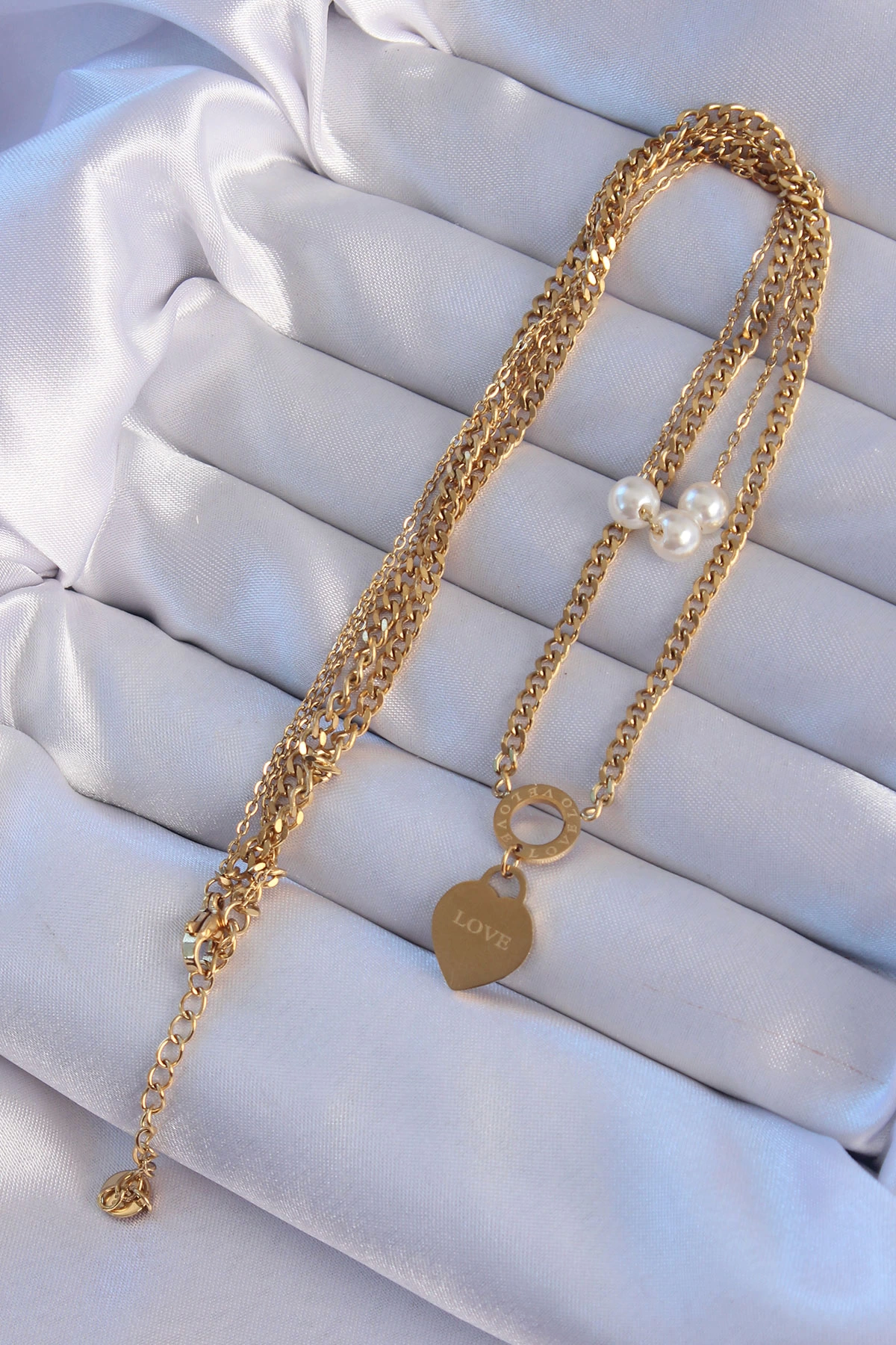 BFS 316L Çelik Gold Renk Çift Zincir İnci Detayı Love Kalp Kolye
