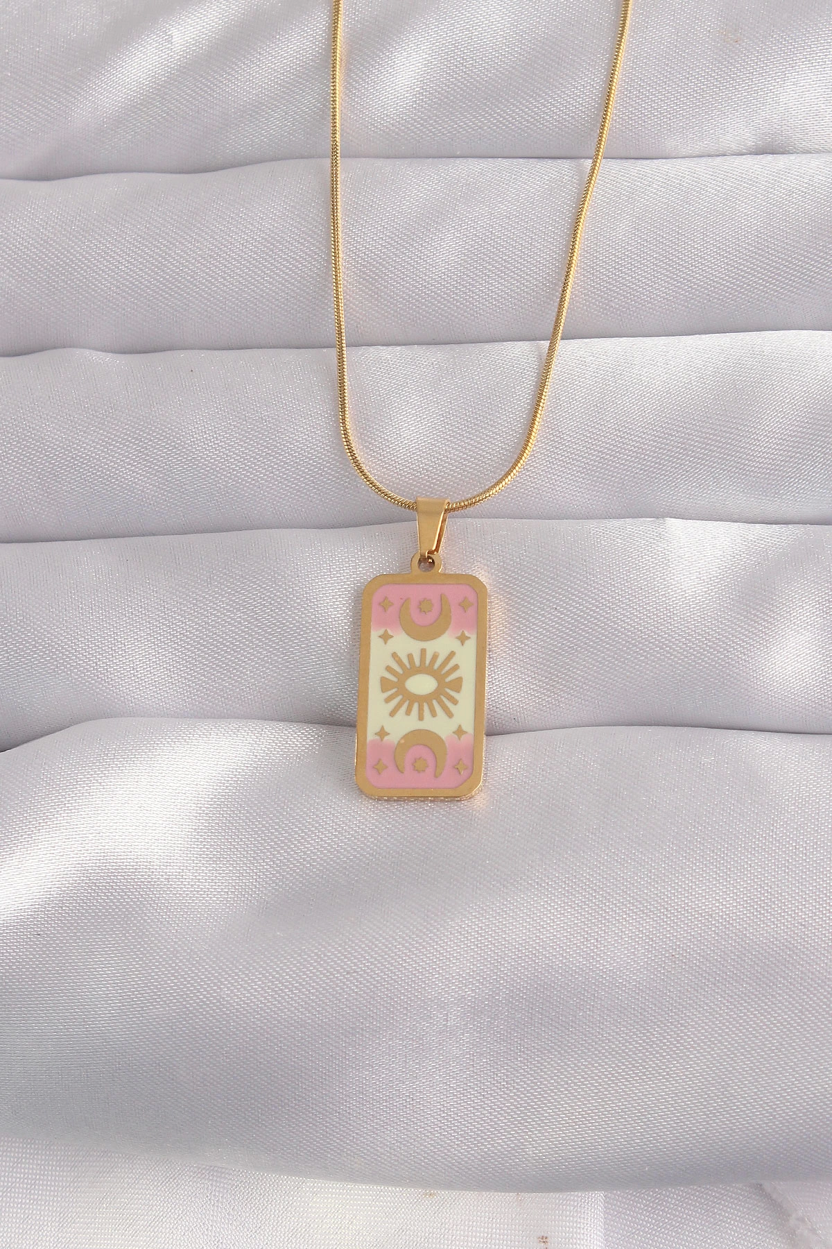 BFS 316L Çelik Gold Renk Karışık Mineli Ay Figür Tarot Kolye