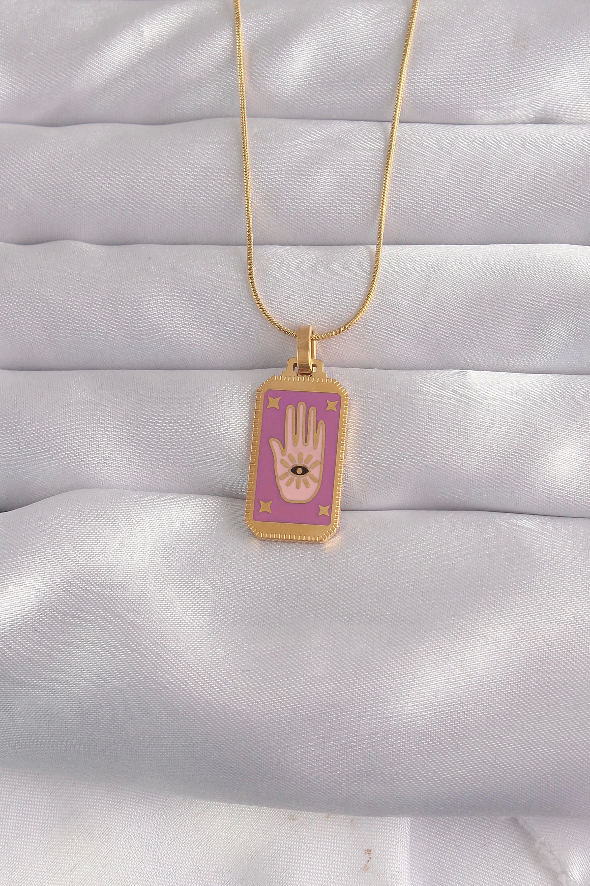BFS 316L Çelik Gold Renk Mor Mineli El Figür Tarot Kolye