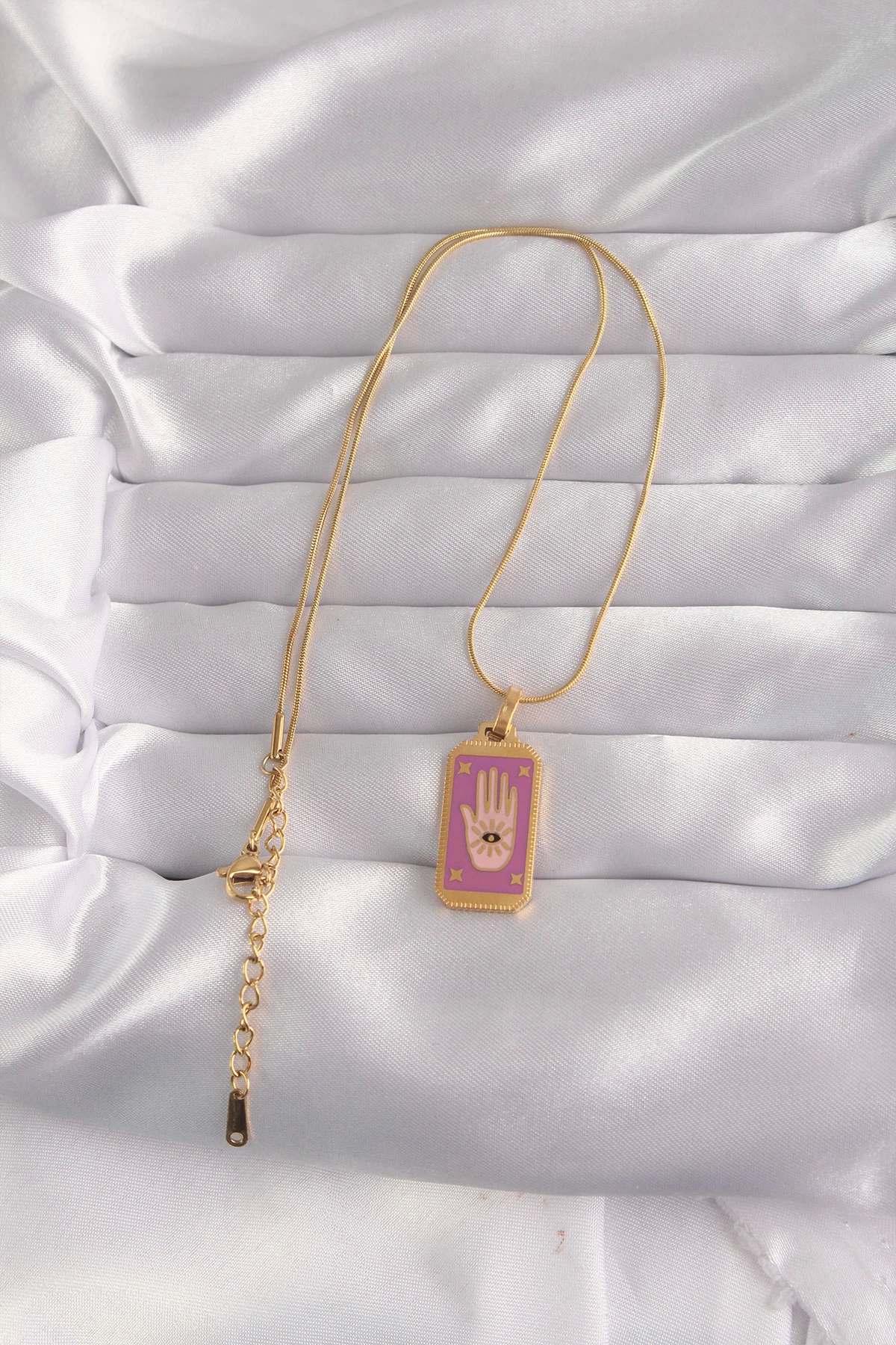BFS 316L Çelik Gold Renk Mor Mineli El Figür Tarot Kolye