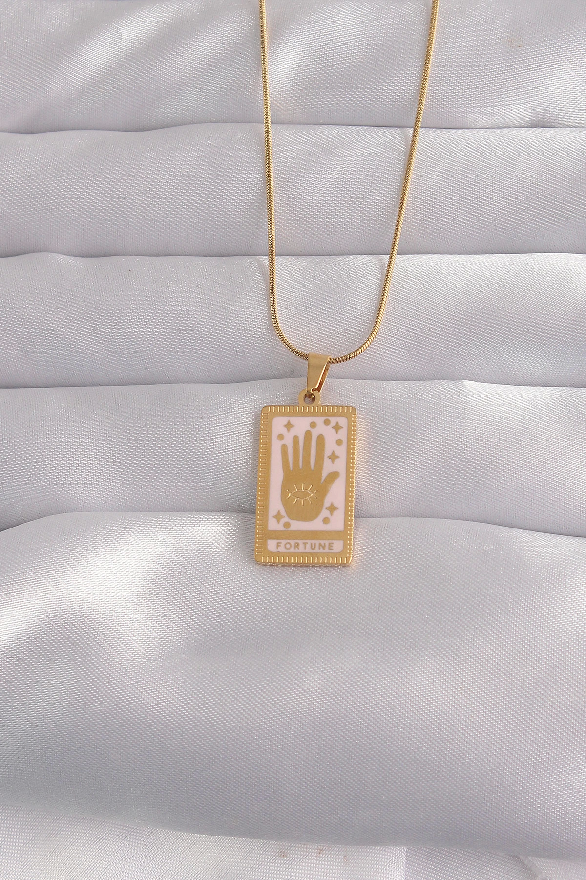 BFS 316L Çelik Gold Renk Pembe Mineli El Figür Tarot Kolye