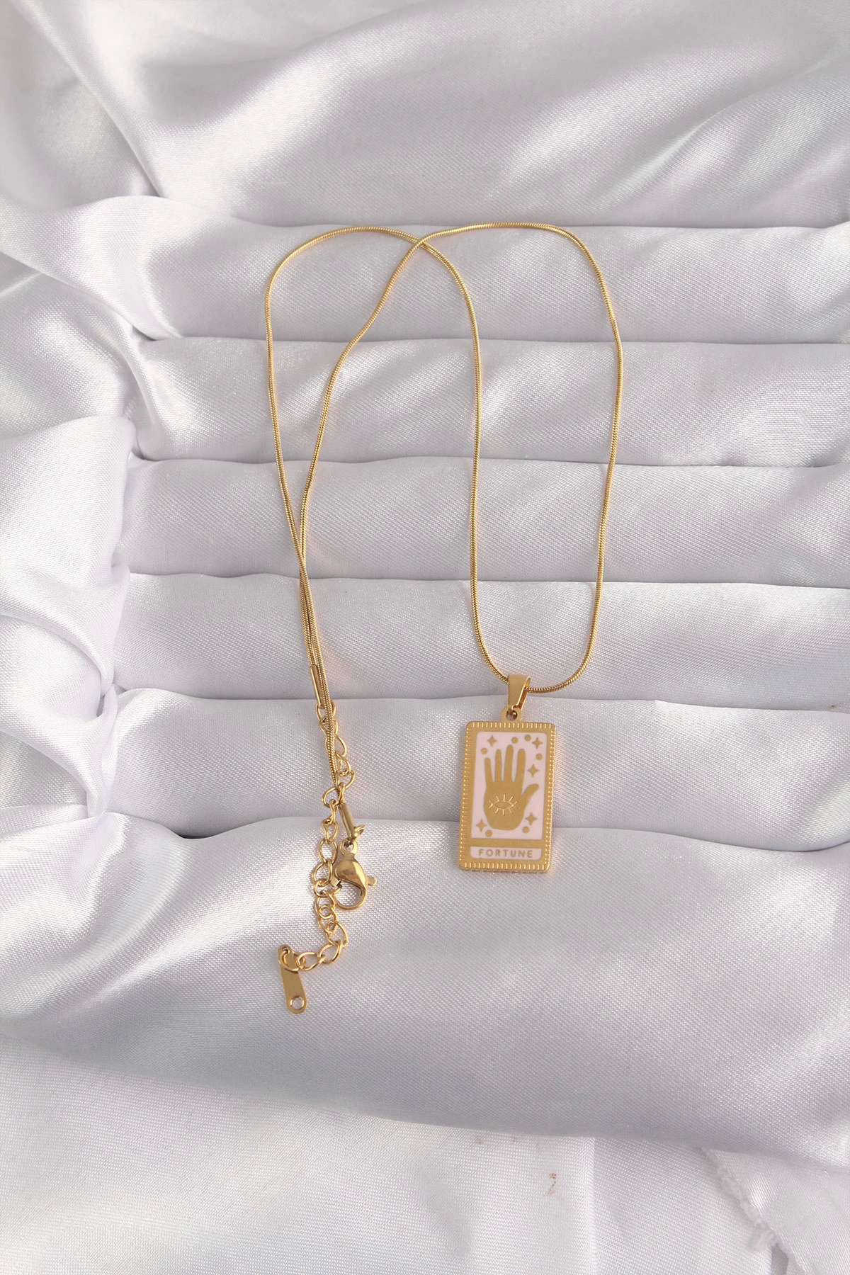 BFS 316L Çelik Gold Renk Pembe Mineli El Figür Tarot Kolye