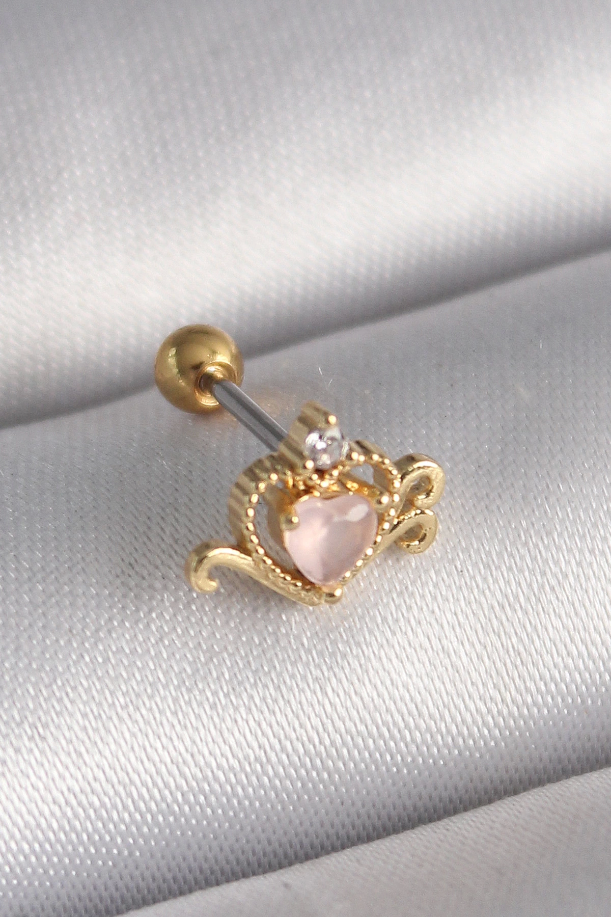 BFS 316L Çelik Gold Renk Pembe Mineli Kalp Zirkon Taş Detay Tragus Piercing