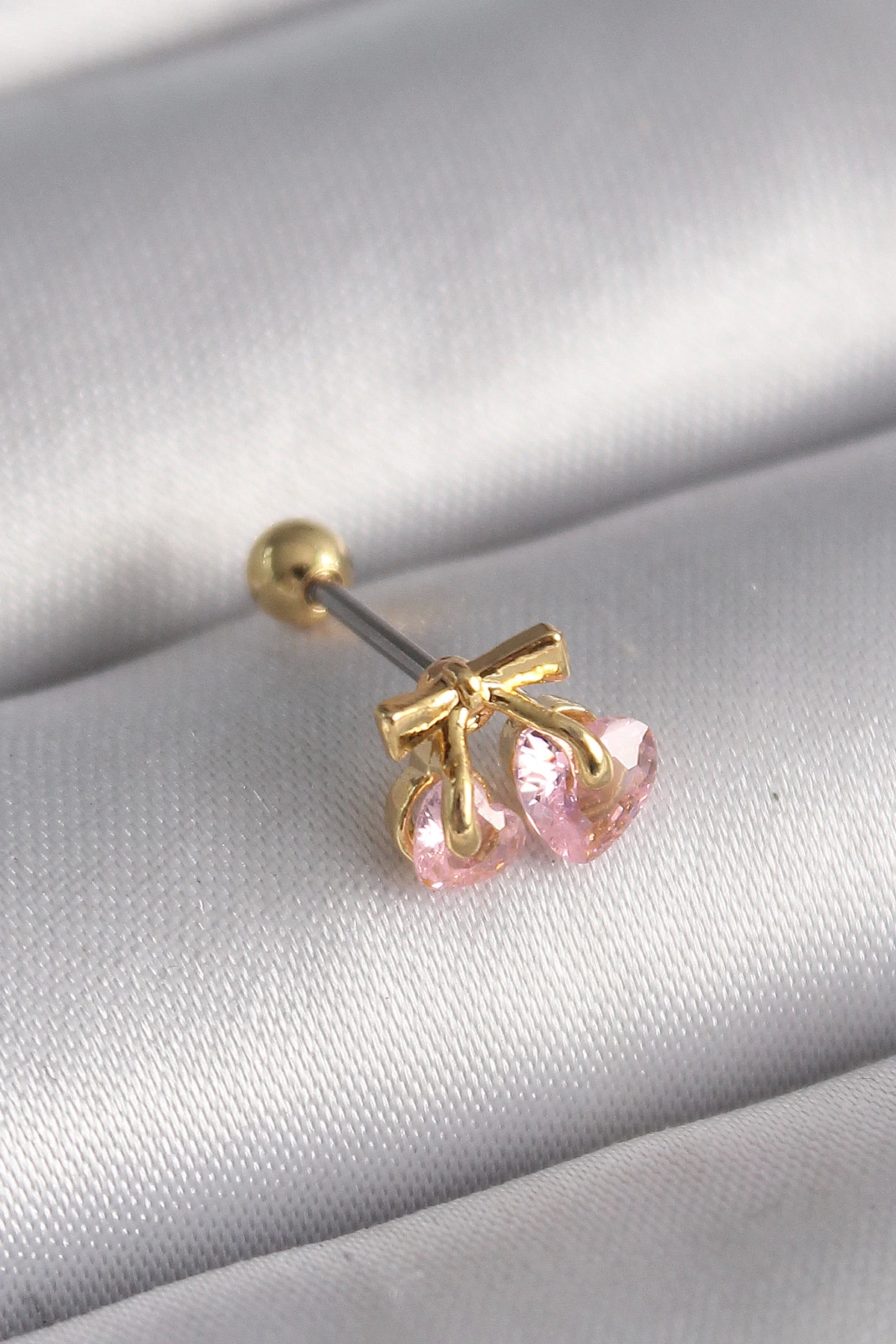 BFS 316L Çelik Gold Renk Pembe Zirkon Taşlı Kalp Tragus Piercing