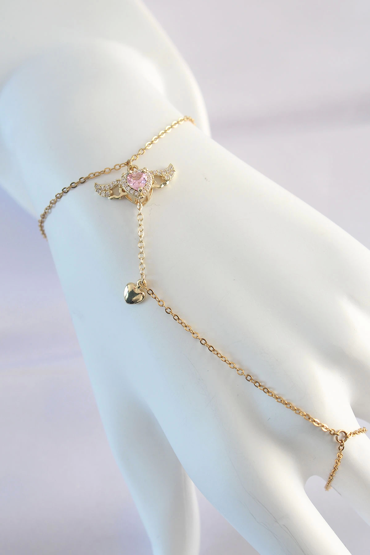 BFS 316L Çelik Gold Renk Pembe Zirkon Taşlı Kanatlı Kalp Model Şahmeran