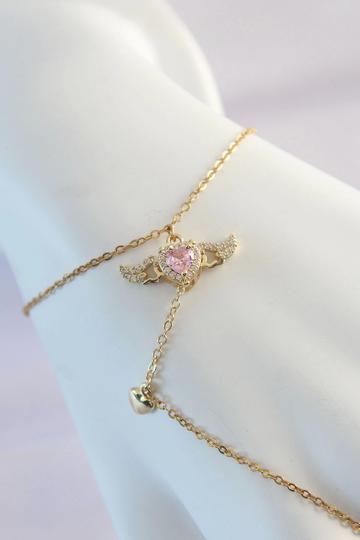 BFS 316L Çelik Gold Renk Pembe Zirkon Taşlı Kanatlı Kalp Model Şahmeran