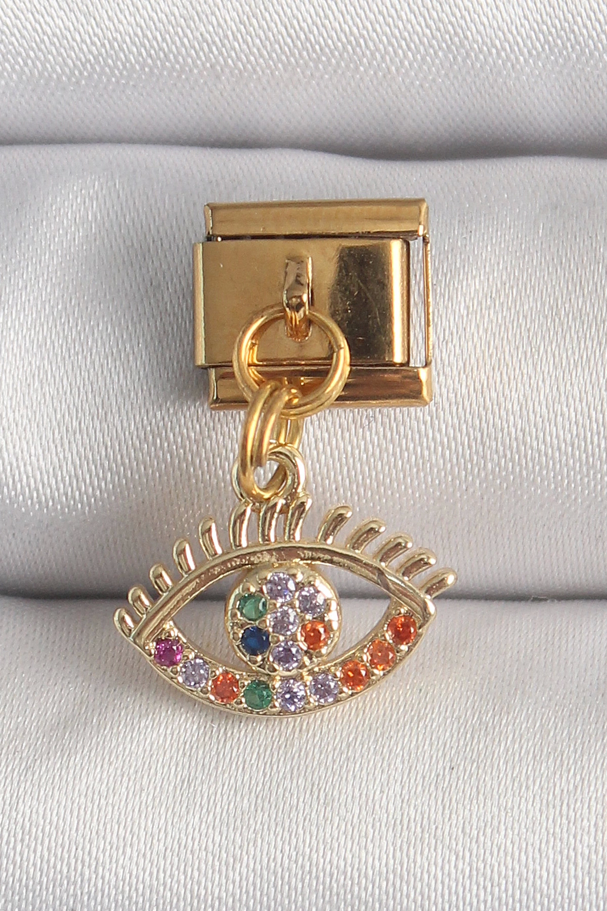 BFS 316L Çelik Gold Renk Sallantı Renkli Zirkon Taşlı Göz Model Nomination Charm