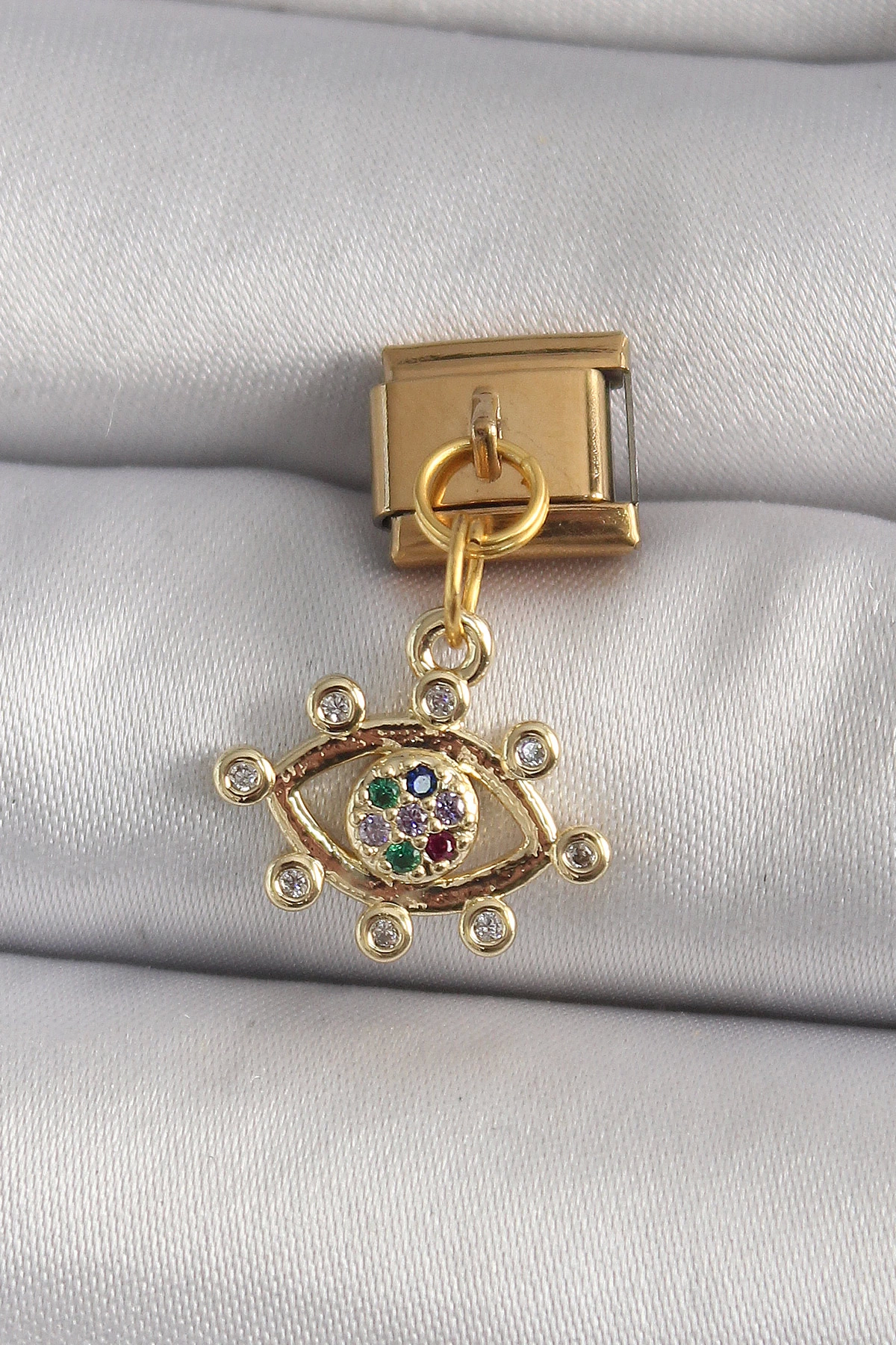 BFS 316L Çelik Gold Renk Sallantı Zirkon Taşlı Göz Model Nomination Charm