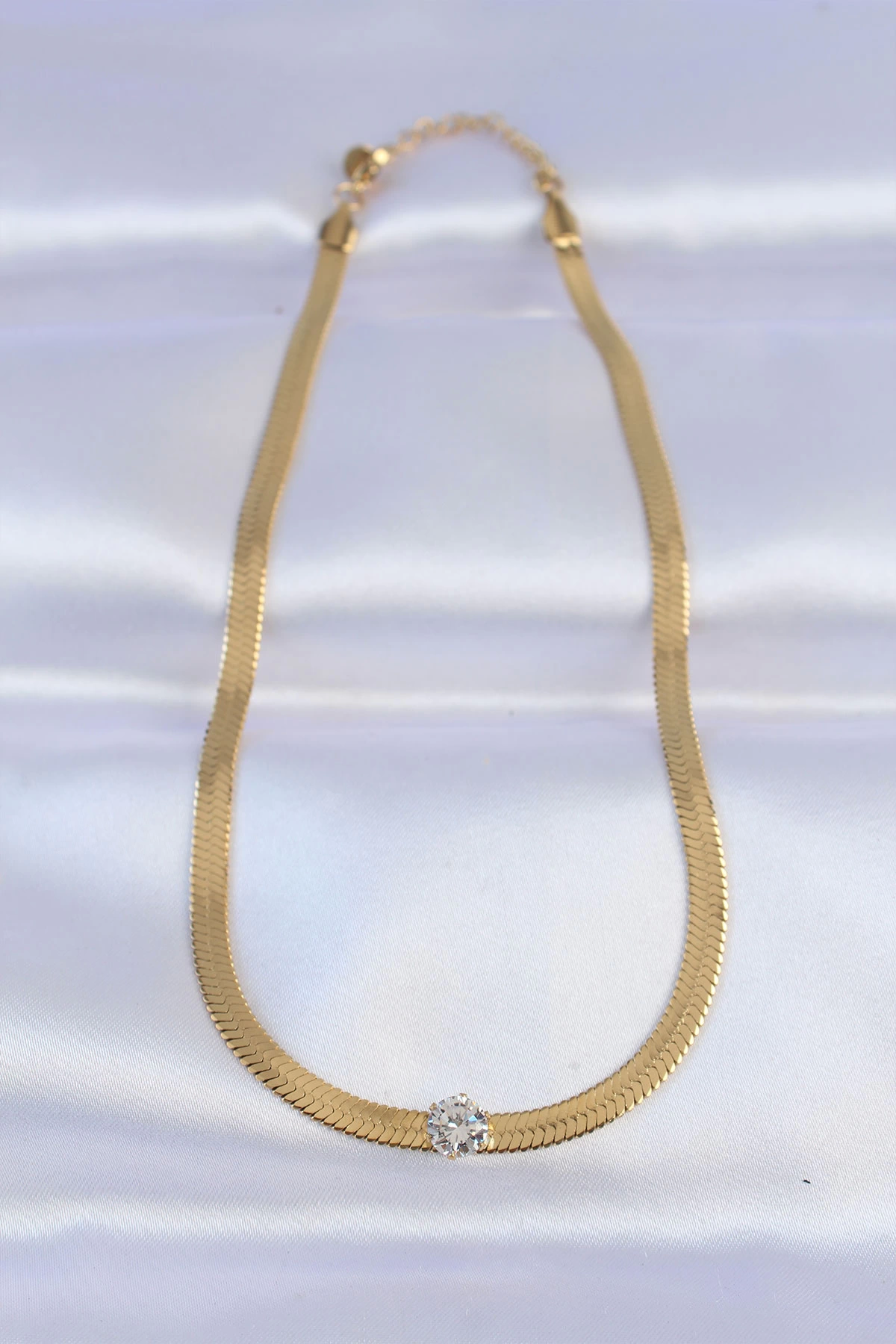 BFS 316L Çelik Gold Renk Tek Zirkon Taşlı İtalyan Zincir Kolye