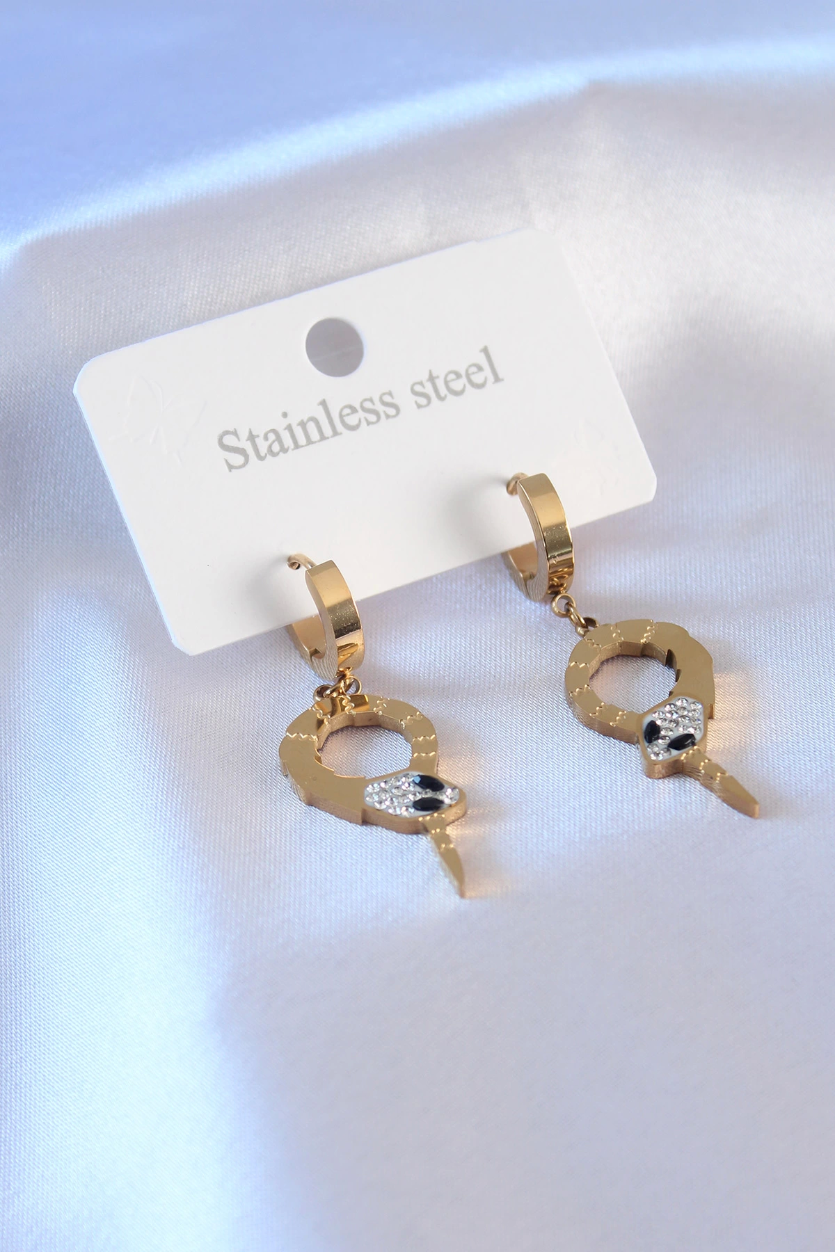 BFS 316L Çelik Gold Renk Yılan Model Zirkon Taşlı Kadın Küpe