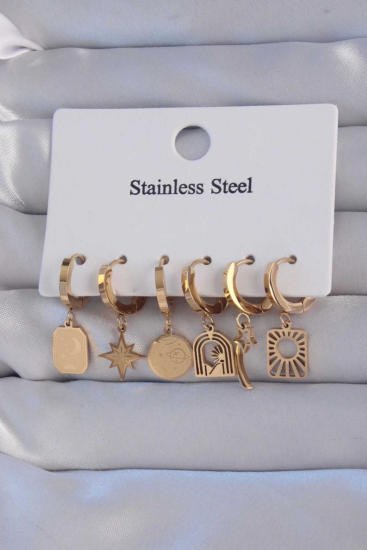 BFS 316L Çelik Gold Renk Yıldız Figürlü Tarot Model Halka Küpe Seti