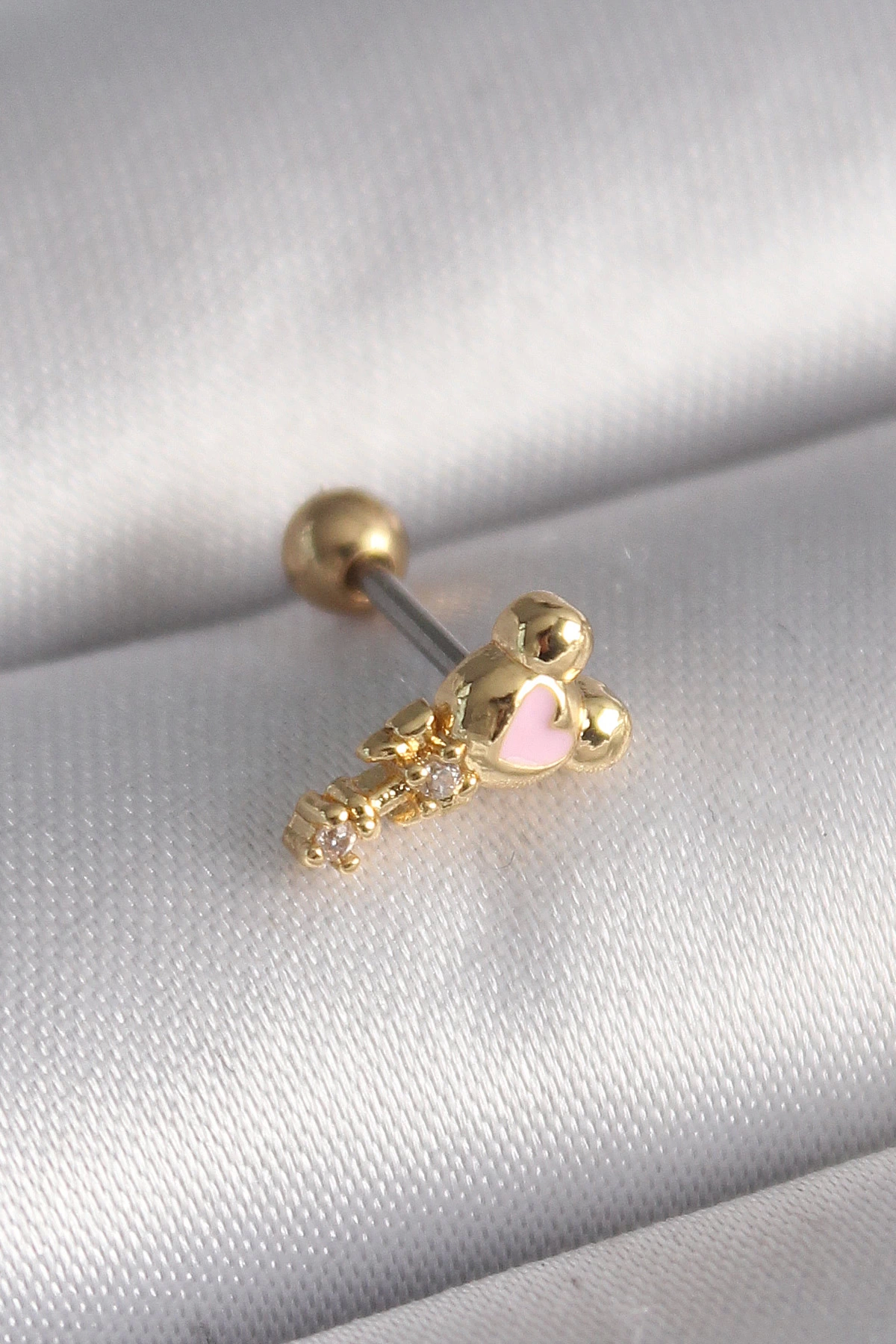 BFS 316L Çelik Gold Renk Zirkon Taş Detay Pembe Kalp İşleme Tragus Piercing