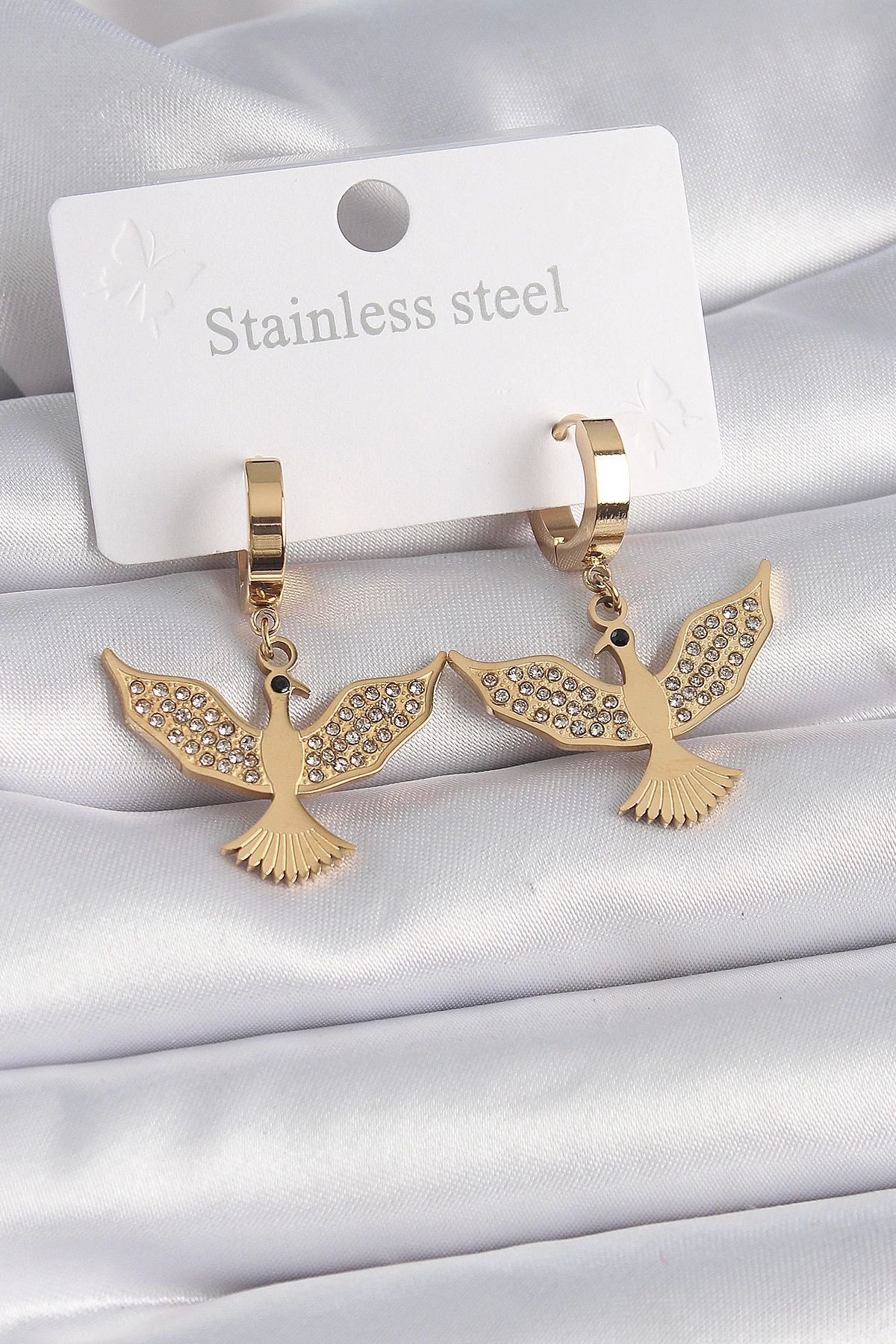BFS 316L Çelik Gold Renk Zirkon Taşlı Anka Kuşu Model Kadın Küpe