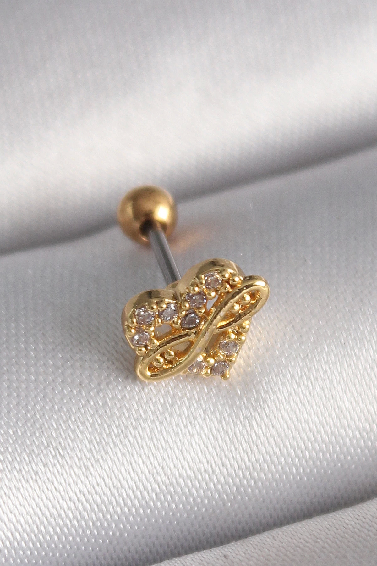 BFS 316L Çelik Gold Renk Zirkon Taşlı Kalp Sonsuzluk Detay Tragus Piercing