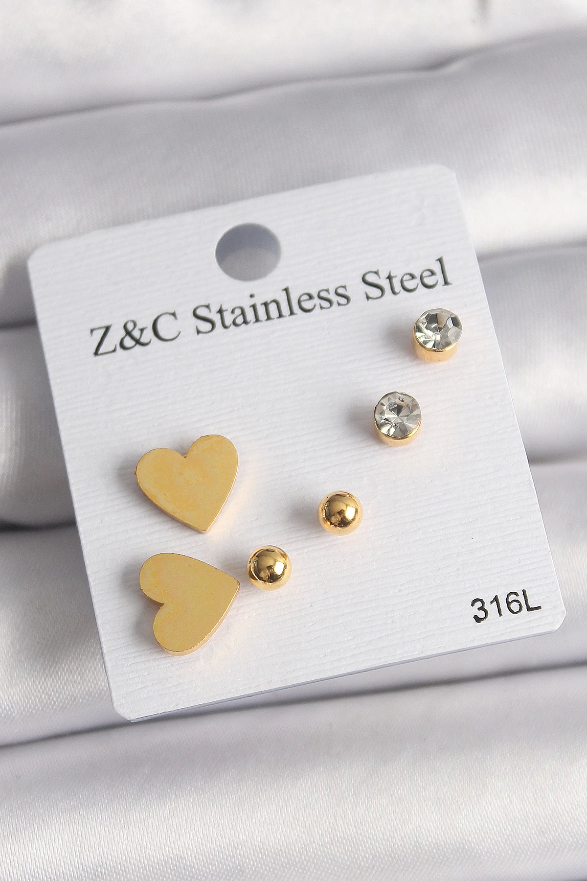 BFS 316L Çelik Gold Renk Zirkon Taşlı Kalpli Kadın Küpe Seti