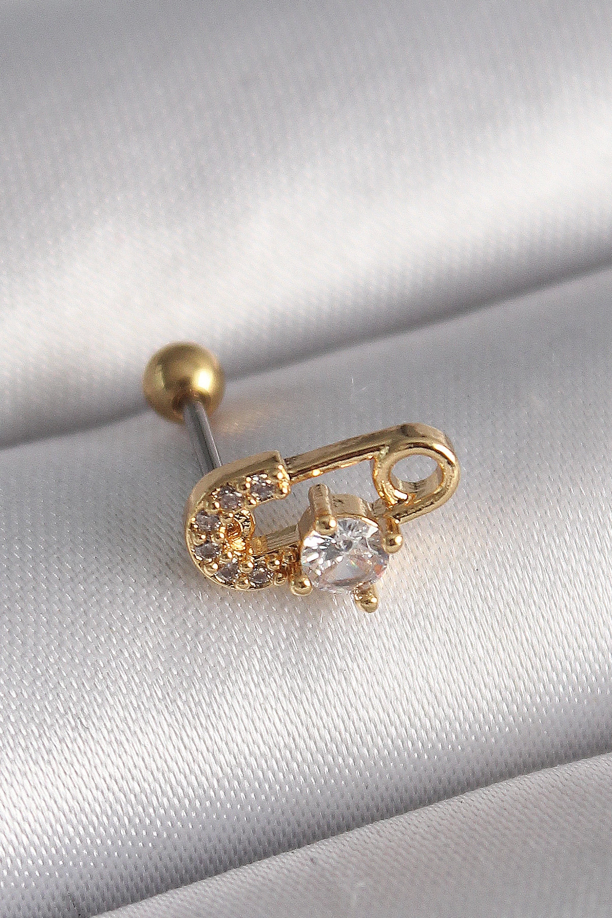 BFS 316L Çelik Gold Renk Zirkon Taşlı Toplu İğne Tragus Piercing