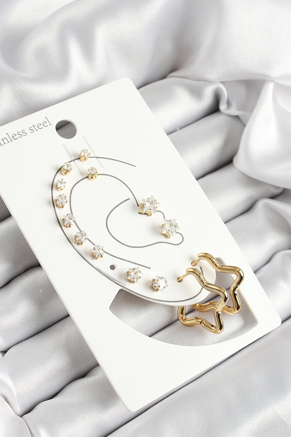 BFS 316L Çelik Yıldız Figürlü Ve Zirkon Taşlı Gold Renk 7'li Çift Kadın Küpe Set