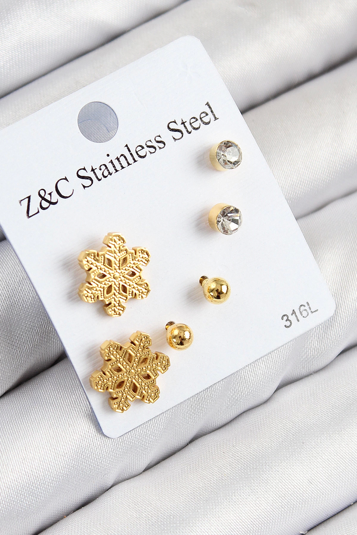 BFS 316L Çelik Zirkon Taşlı Kar Tanesi Model Gold Renk Kadın Set Küpe