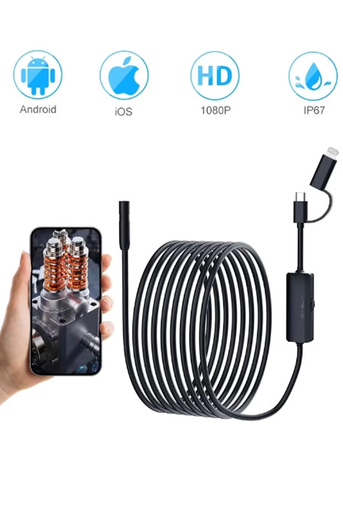BFS 5 Metre Endoskop Yılan Video Kamera Ios Ve Android Uyumlu Led’li 8 Mm Sert Kablo 2mp