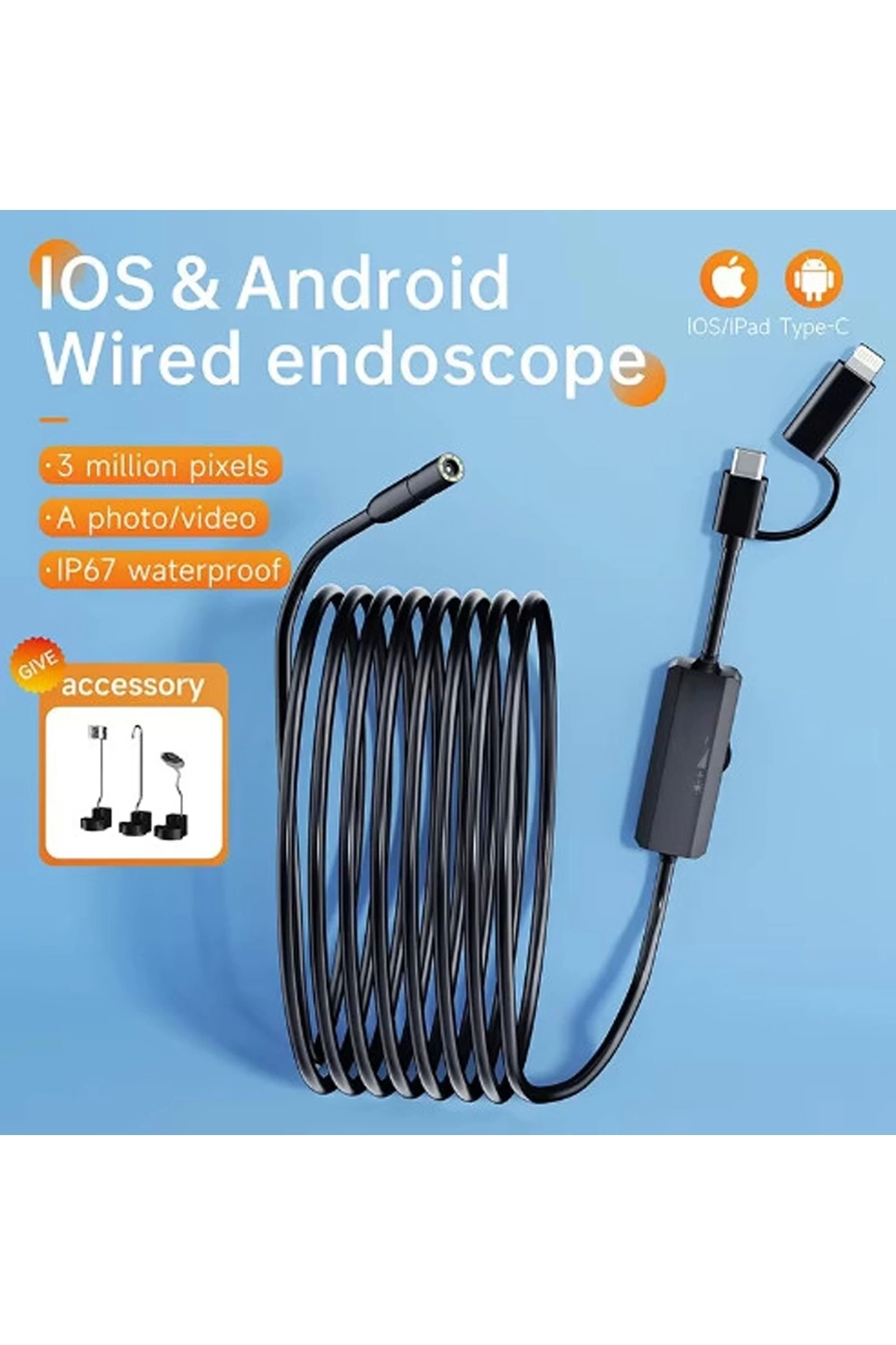 BFS 5 Metre Endoskop Yılan Video Kamera Ios Ve Android Uyumlu Led’li 8 Mm Sert Kablo 2mp