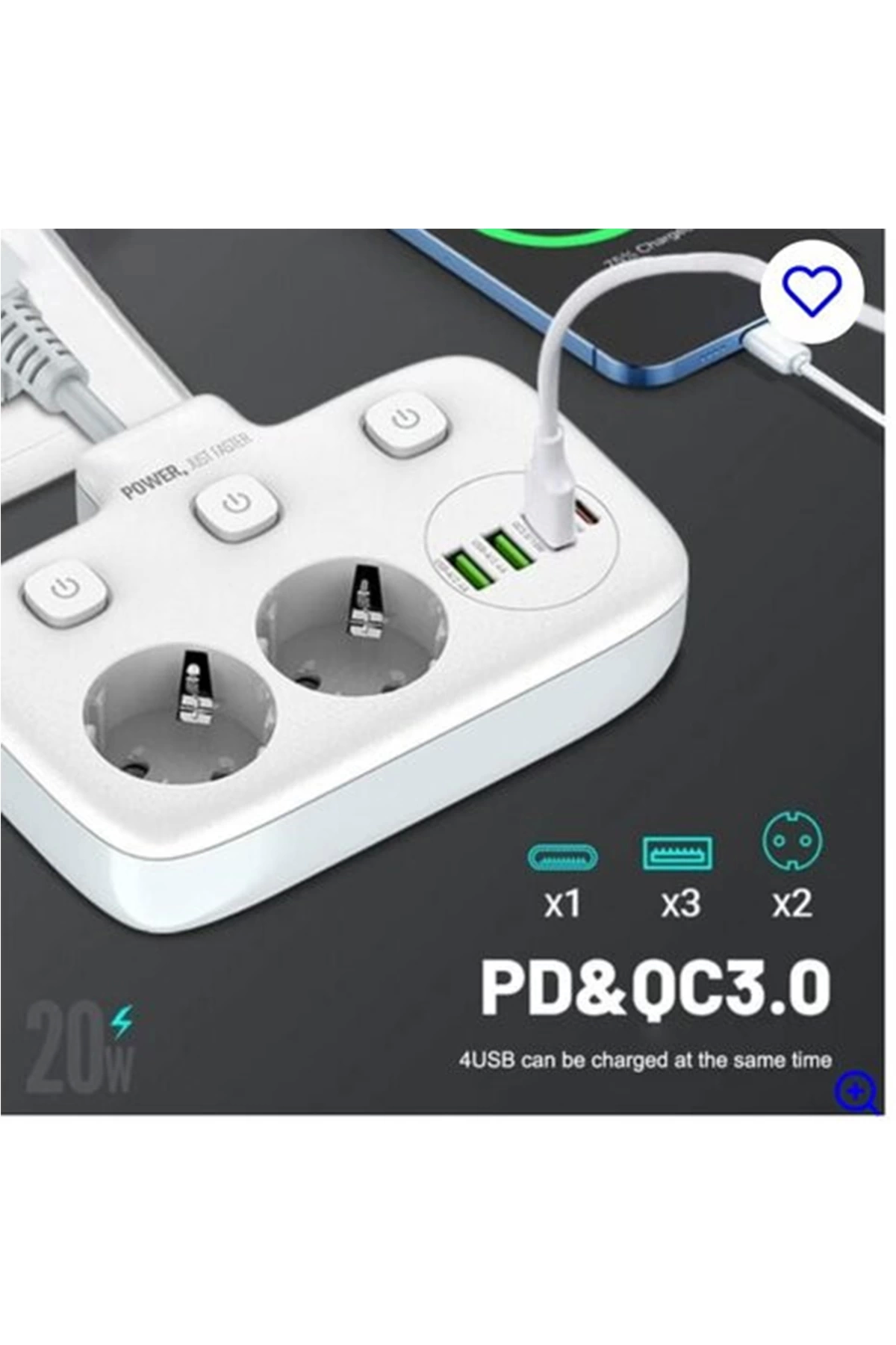 BFS Akım Korumalı 2’li Ayrı Anahtarlı Priz, 2x Priz, 3x Usb, 1x Type-c, 2 Mt Kablo, Hızlı Şarj