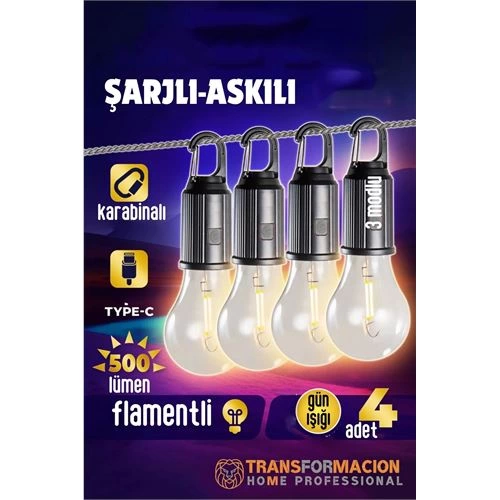 BFS  Askılı Portatif Şarjlı Askılı Ampül - 4 lü Kamp Lambası - Acil Durum Lambası
