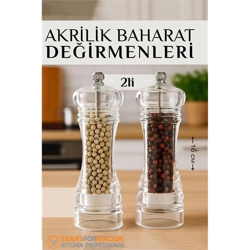 BFS  Baharat Öğütücü - Baharat Karabiber Tuz Değirmeni Ahşap Akrilik Kristal 2 li SET