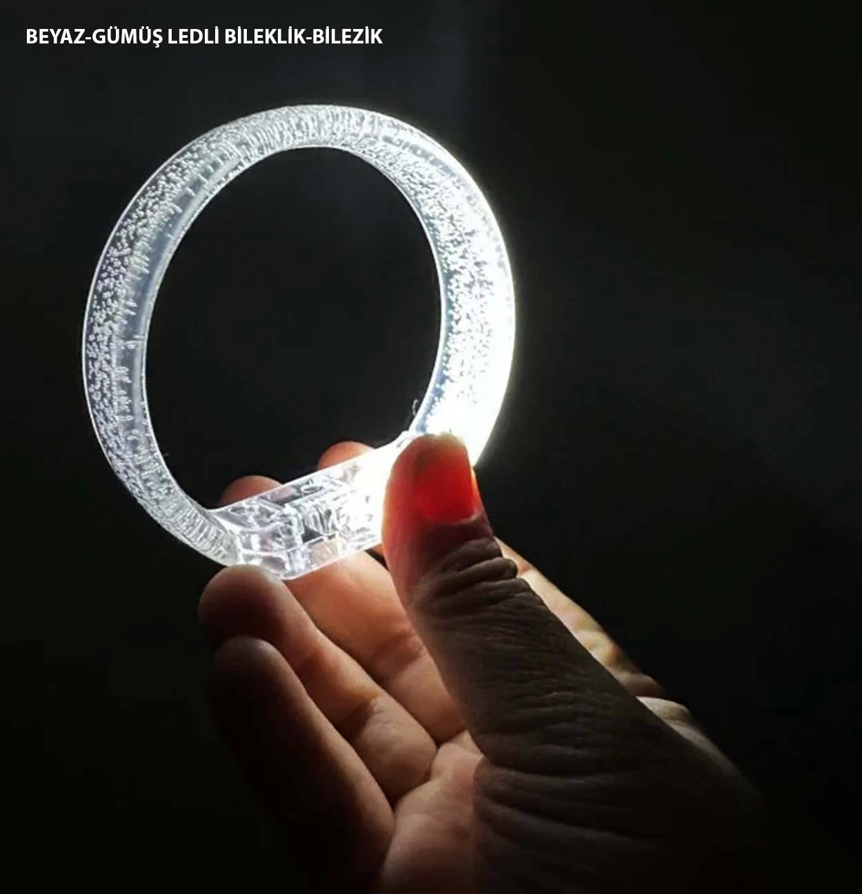 BFS Beyaz-gümüş Led Işıklı Baskı Yapılabilen Pilli Bileklik Bilezik 1,5 Cm Genişlik