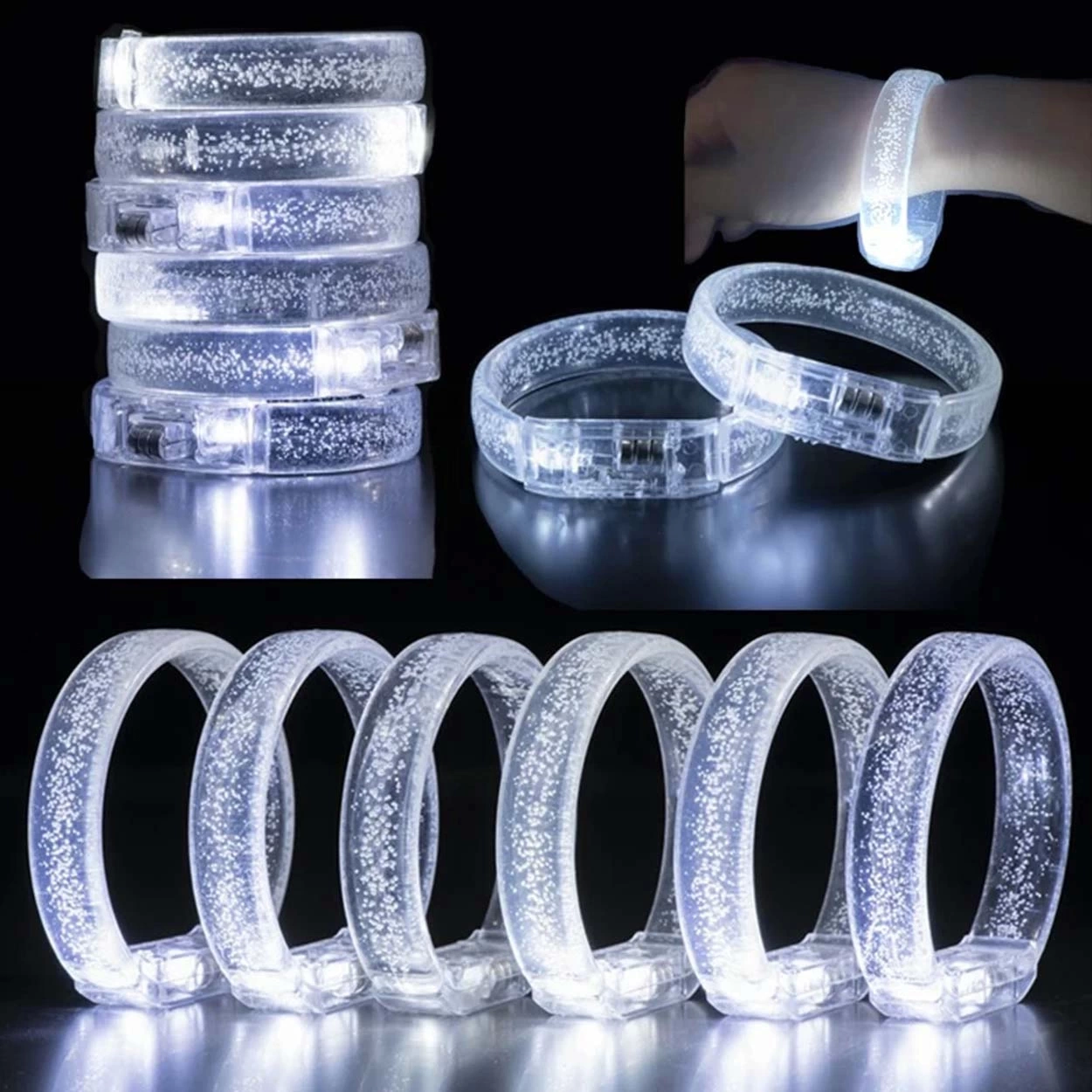 BFS Beyaz-gümüş Led Işıklı Baskı Yapılabilen Pilli Bileklik Bilezik 1,5 Cm Genişlik
