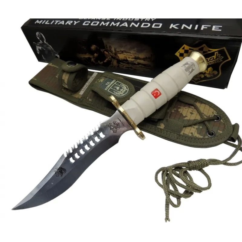 BFS Beyaz Kurt Tırtıklı Oluklu Komando Bıçağı 30 Cm - Kamuflaj Kılıflı