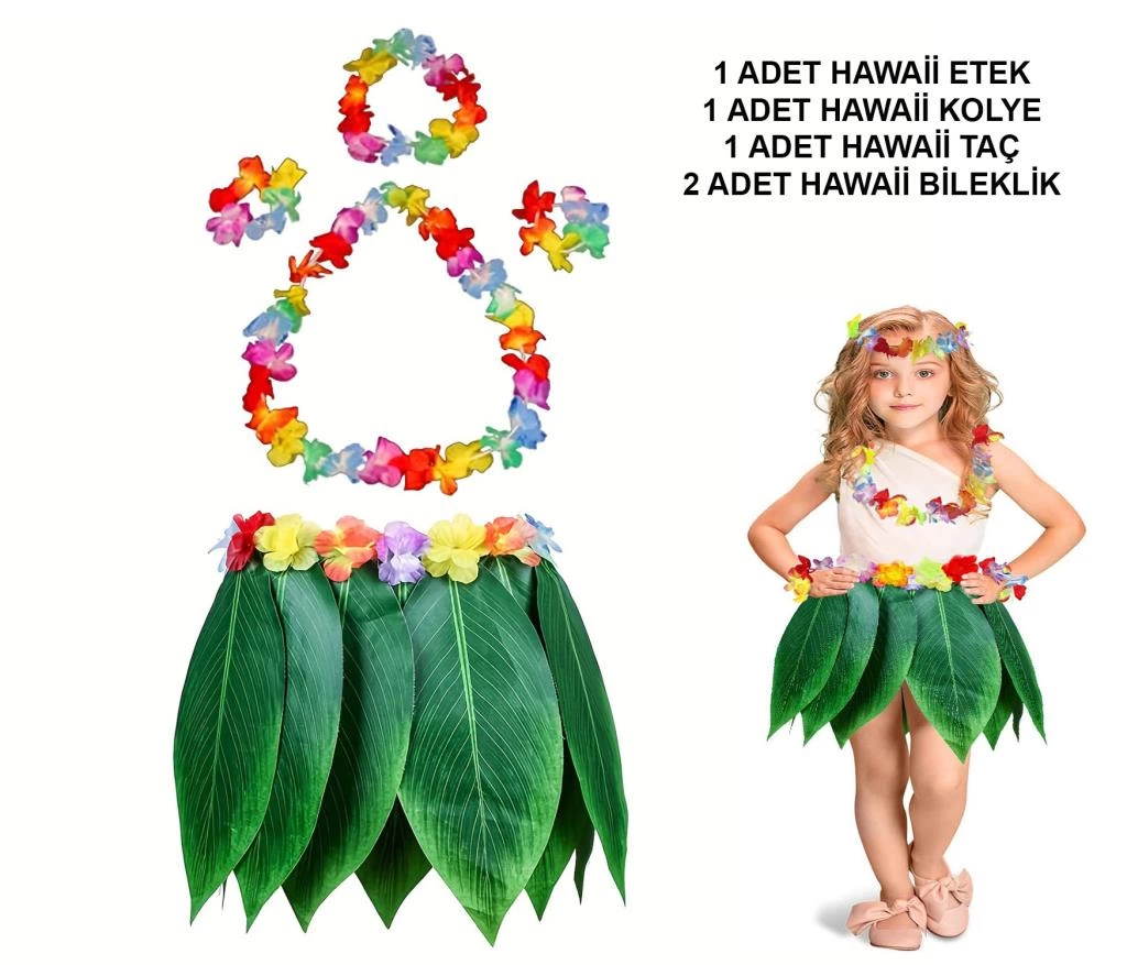 BFS   Çocuk Hawaii Kostüm Seti - Yaprak Etek & Hawaii Set - 5 Parça