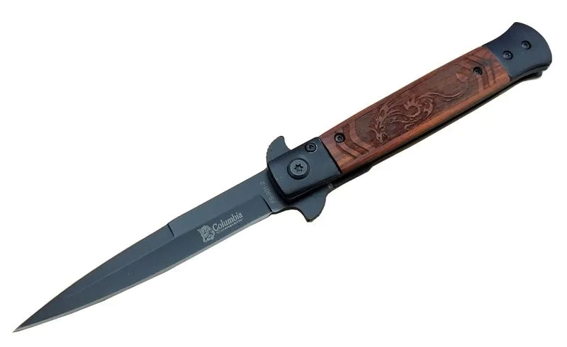 BFS Fs 902 Siyah Kamp Çakı 23cm- Yarı Otomatik, Ejderha Motifli Ahşap Sap, Kemerlikli