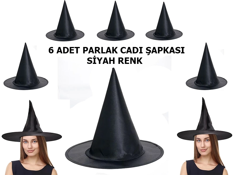 BFS  Halloween Siyah Renk Parlak Dralon Cadı Şapkası Yetişkin ve Çocuk Uyumlu 6 Adet