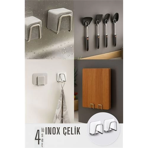 BFS  Inox Çelik Çok Amaçlı Askı - Banyo Askısı - Mutfak Askısı Profesyonel 4 lü SET