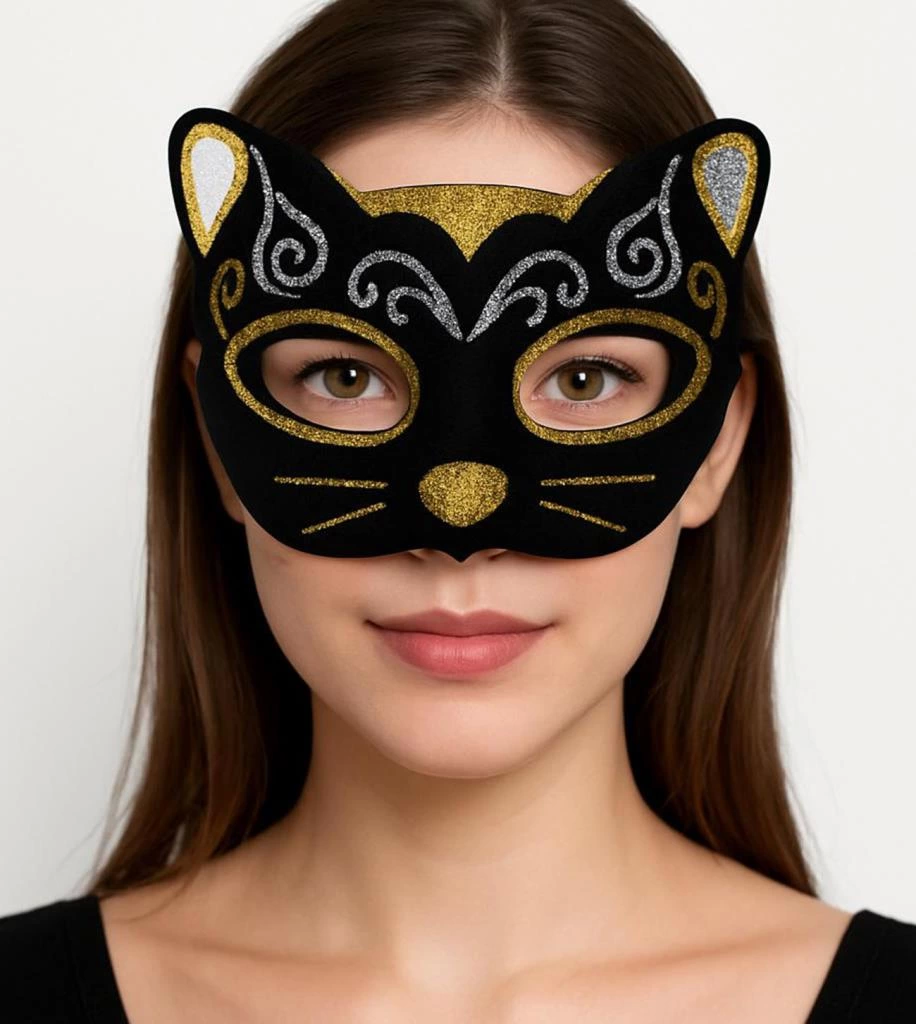 BFS  Kadife Dokulu Sim Detaylı Işıltılı Kedi Maskesi Altın Gümüş 20x13 cm