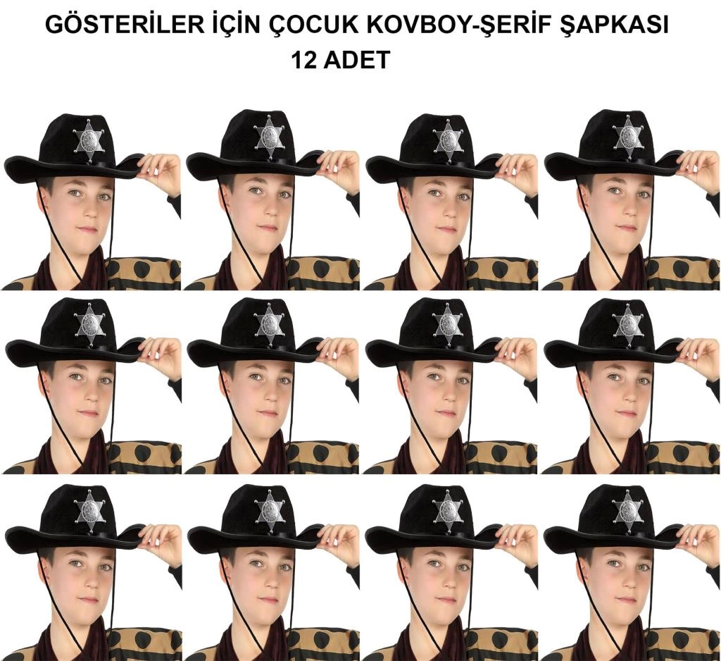 BFS   Kovboy Şerif Şapkası Siyah 12 Adet - Kostüm, Parti ve Gösteri Şapkası