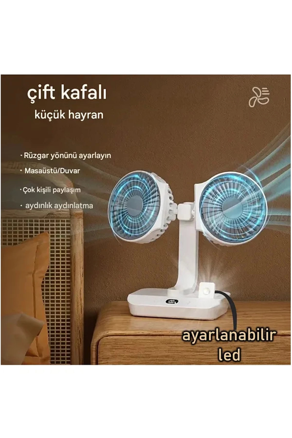 BFS Masaüstü Dijital Ekranlı Çift Fanlı Led Işıklı Soğutucu Fan Ev Ofis Şarjlı Vantilatör