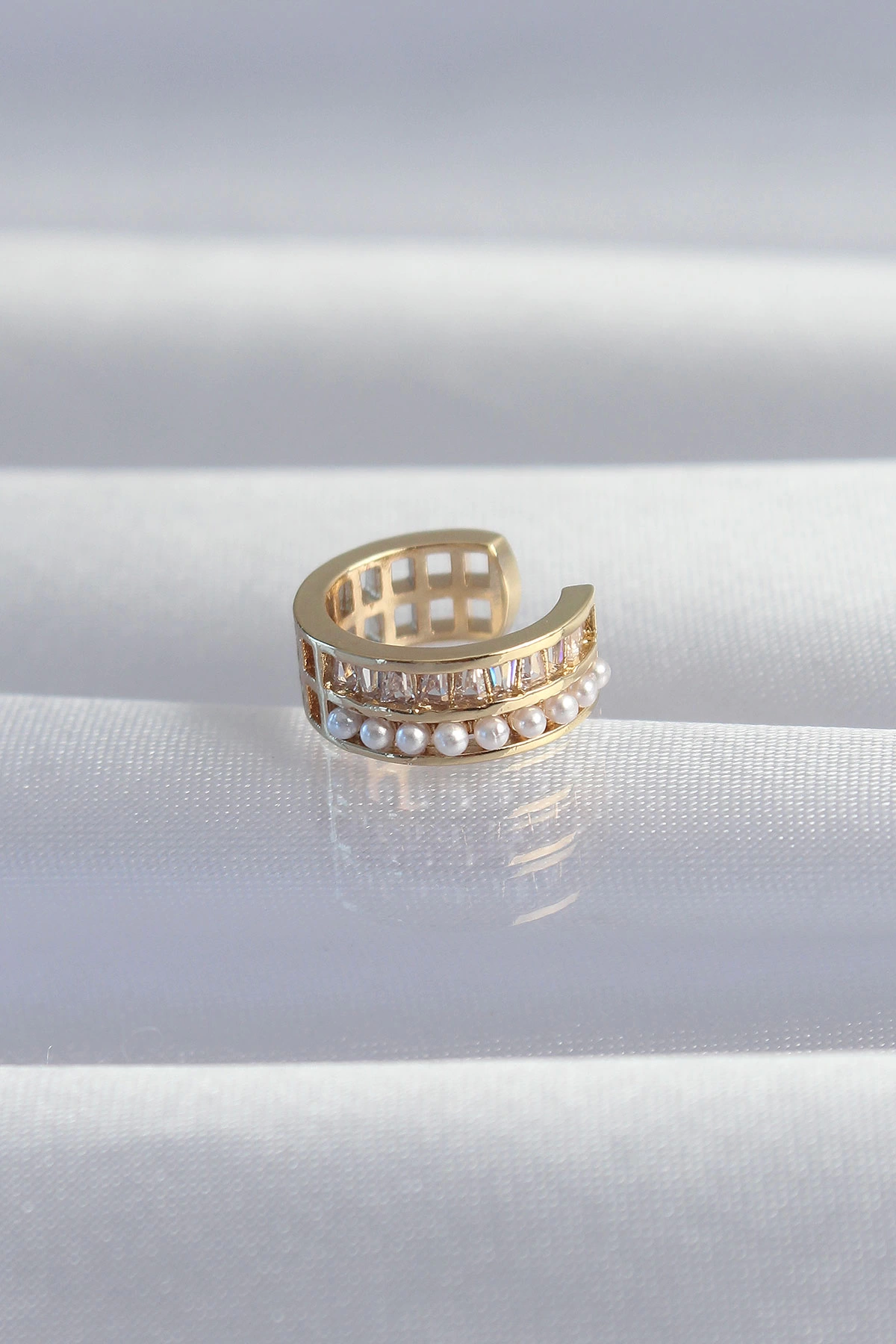 BFS Pirinç Gold Renk İncili Baget Taşlı Earcuff Küpe