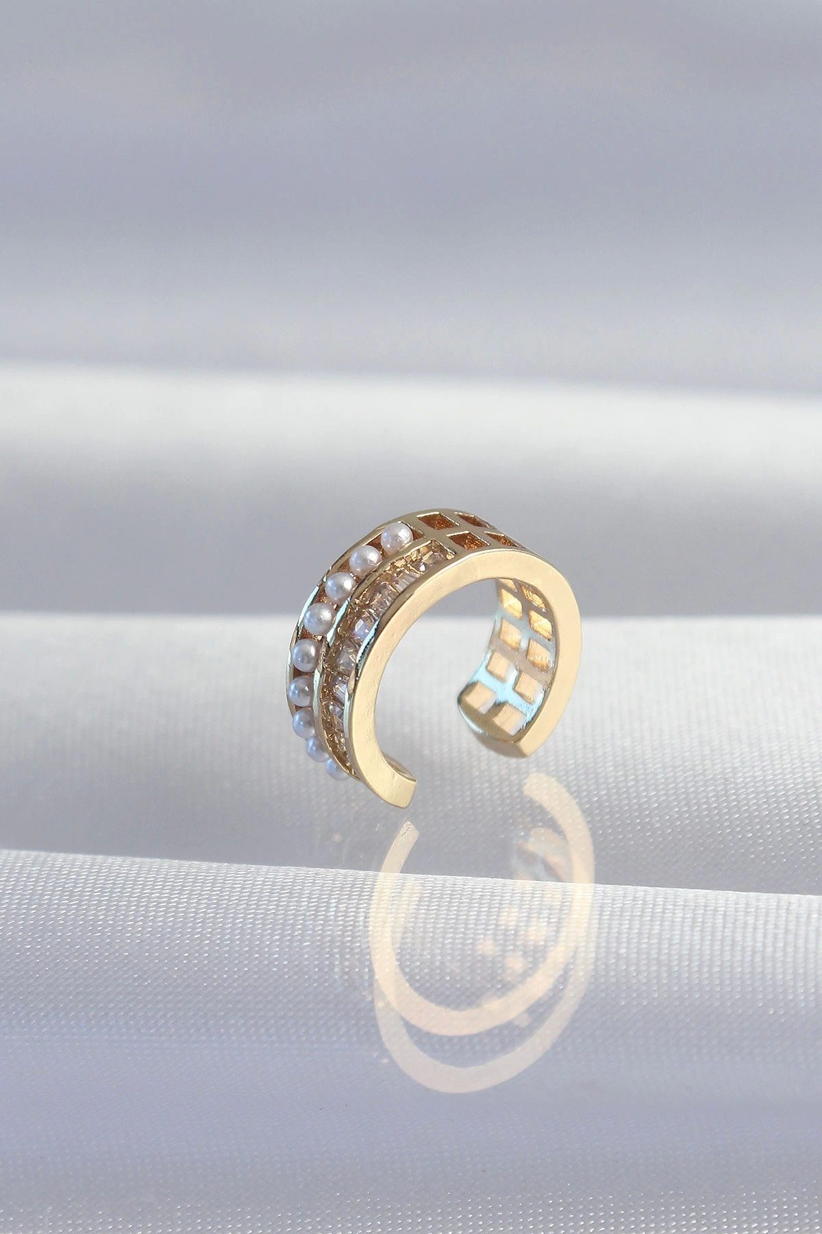 BFS Pirinç Gold Renk İncili Baget Taşlı Earcuff Küpe