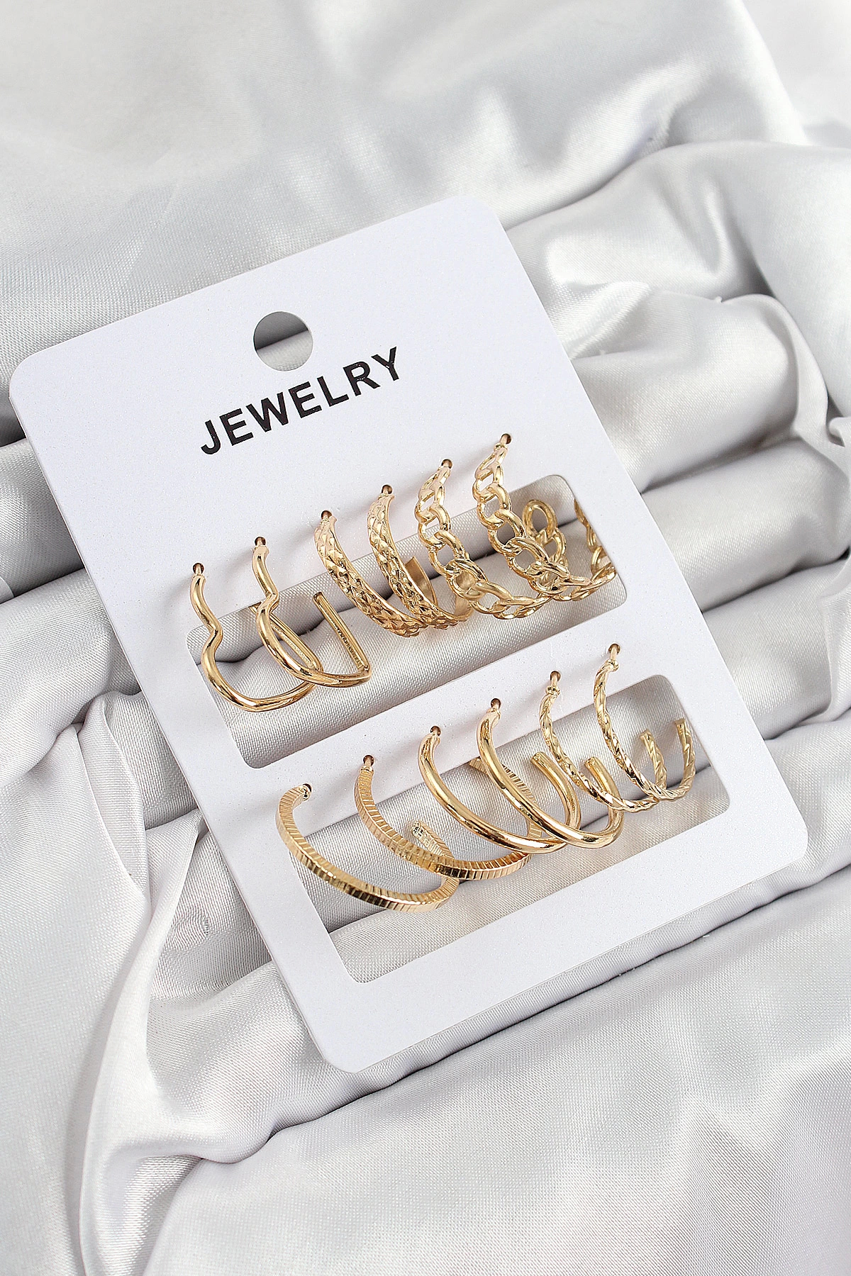 BFS Pirinç Karışık Halka Model Gold Renk 6 Çift Kadın Küpe Set