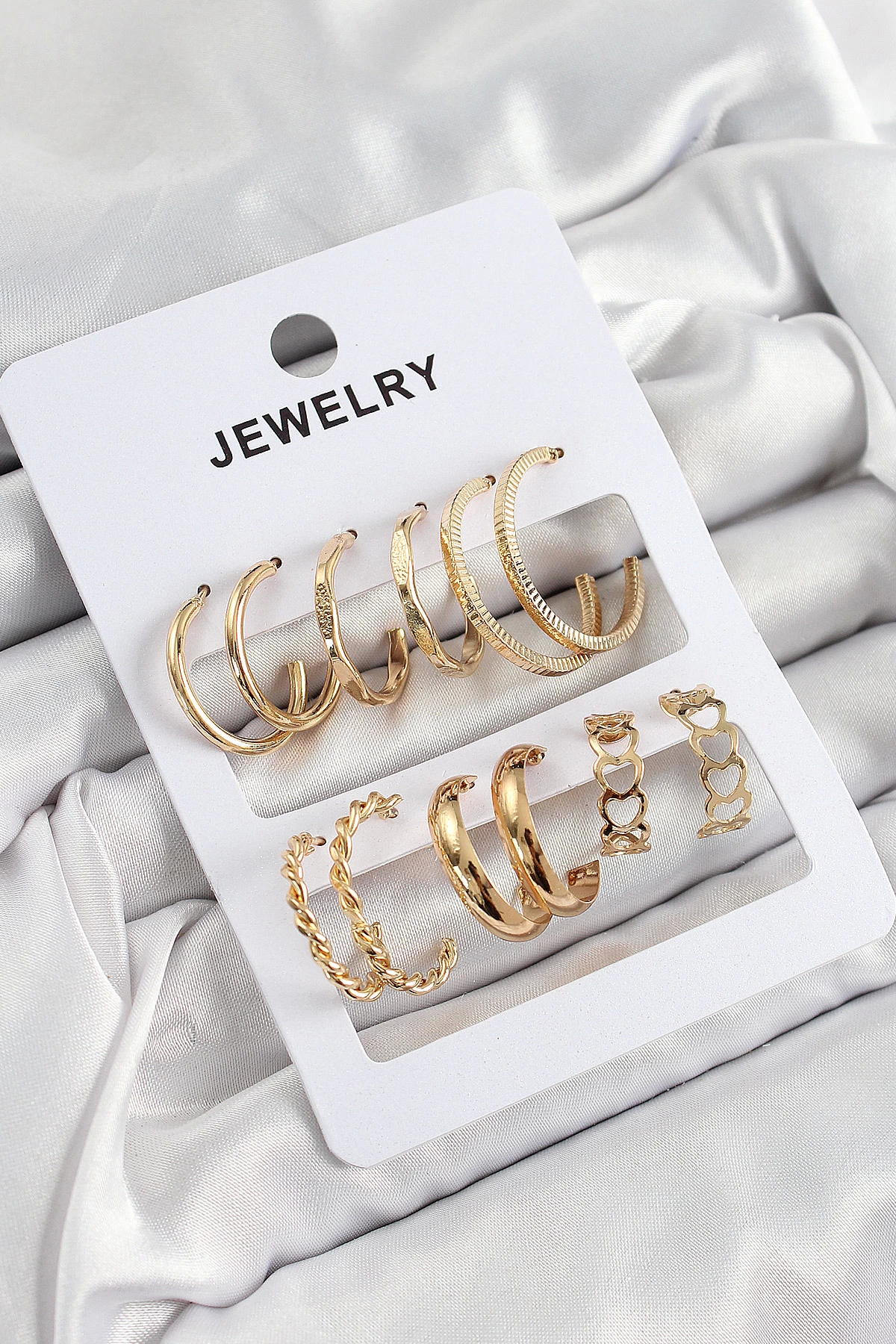 BFS Pirinç Karışık Halka Model Gold Renk 6 Çift Kadın Küpe Set