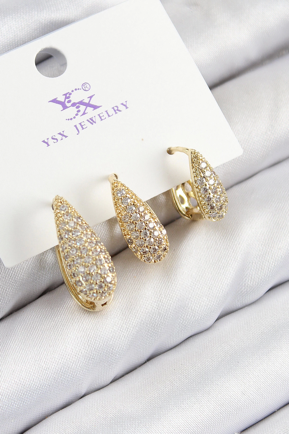 BFS Pirinç Zirkon Taşlı 3'lü Damla Model Gold Renk Kadın Küpe