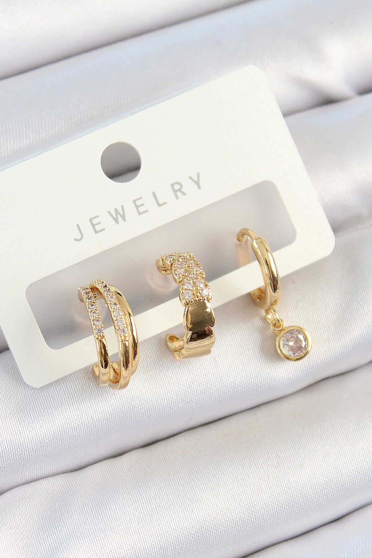 BFS Pirinç Zirkon Taşlı Halka Model Gold Renk 3'lü Çift Kadın Küpe Set