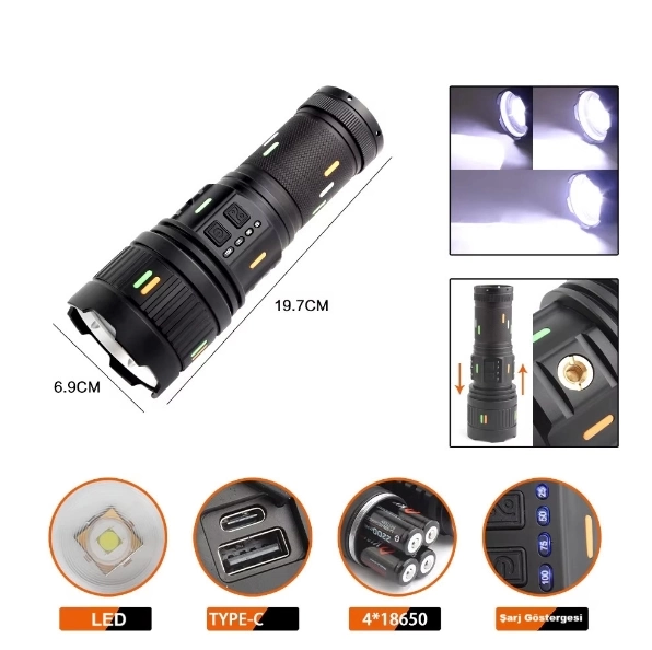 BFS Pro F-3001 Alüminyum Tg Led Güç Göstergeli Type-c Şarjlı El Feneri 100 W