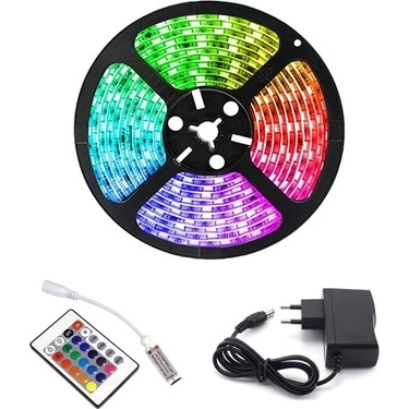 BFS Rgb Şerit 5 Metre 16 Renkli Kumandalı Adaptörlü Çift Taraflı Bant
