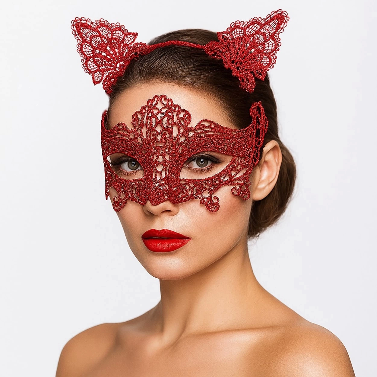 BFS Romantik Kırmızı Dantel Maske Seti – Kedi Kulaklı Taç Ve Maske 3 No