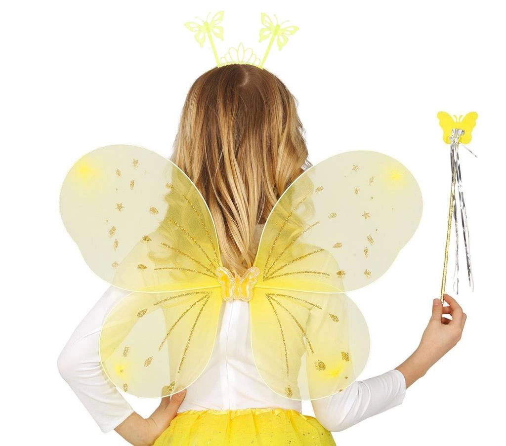BFS  Sarı Kelebek Erkek-Kız Seti – 50 cm Kelebek Kanadı, Taç ve Asa